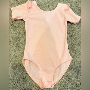 Girls Light Pink Short Sleeve Ballet Leotard with Ruffle Shoulders 160cm
